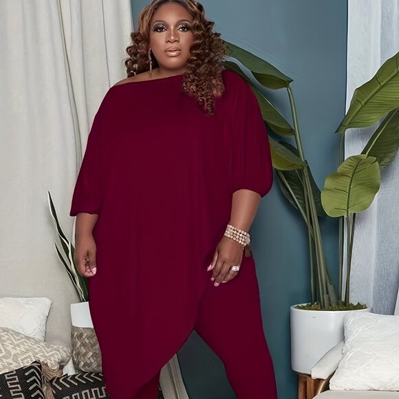 Passion of Essence Pants - Plus Size Off-Shoulder 2PC Set | Asymmetrical Top + Stretch Pants (1X–5X)